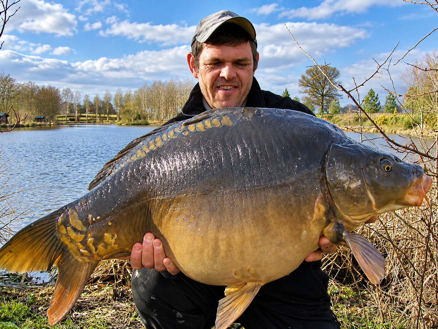 Angler with a trophy carp at the lakeside
