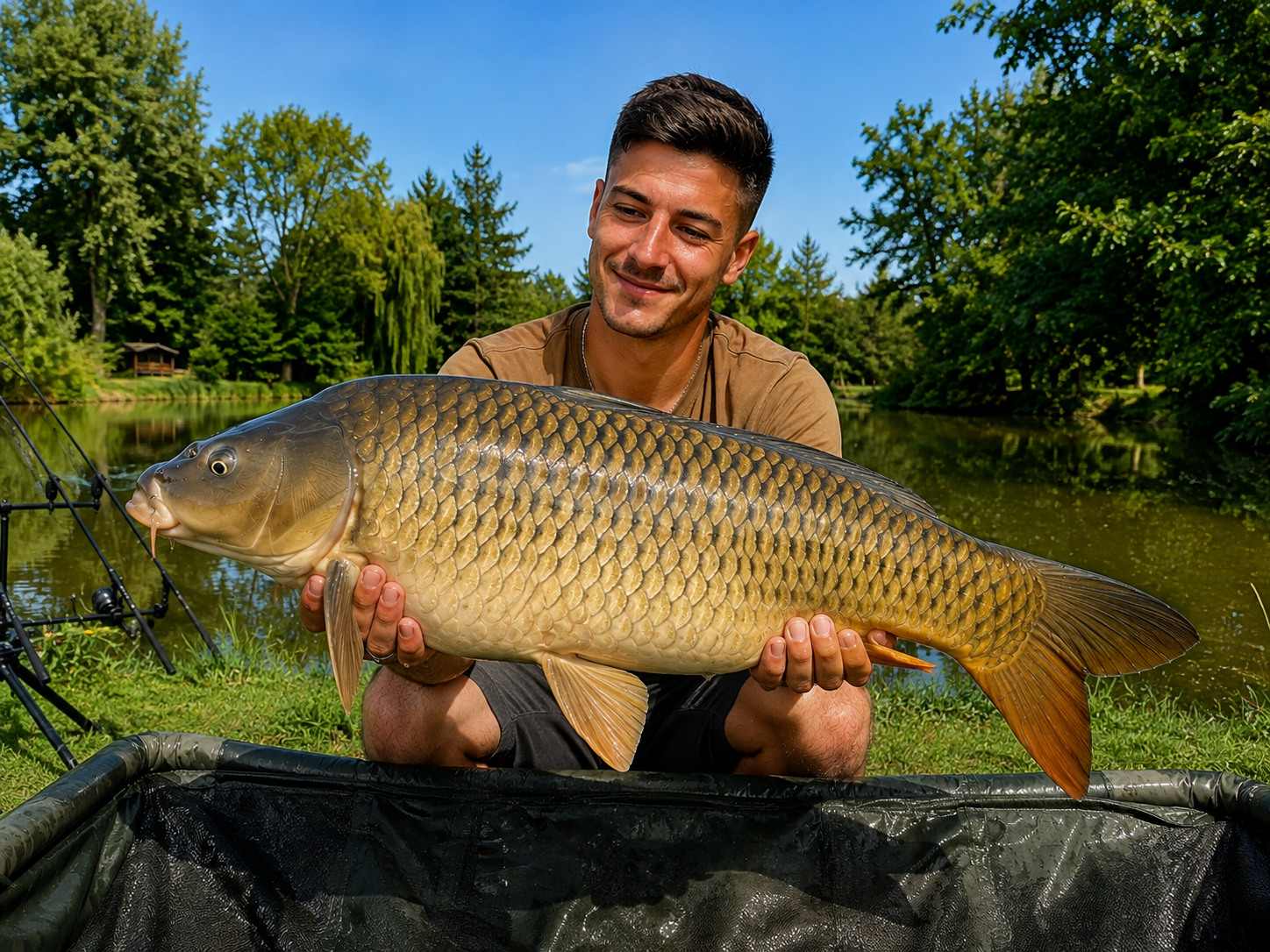 Common carp being held by an angler